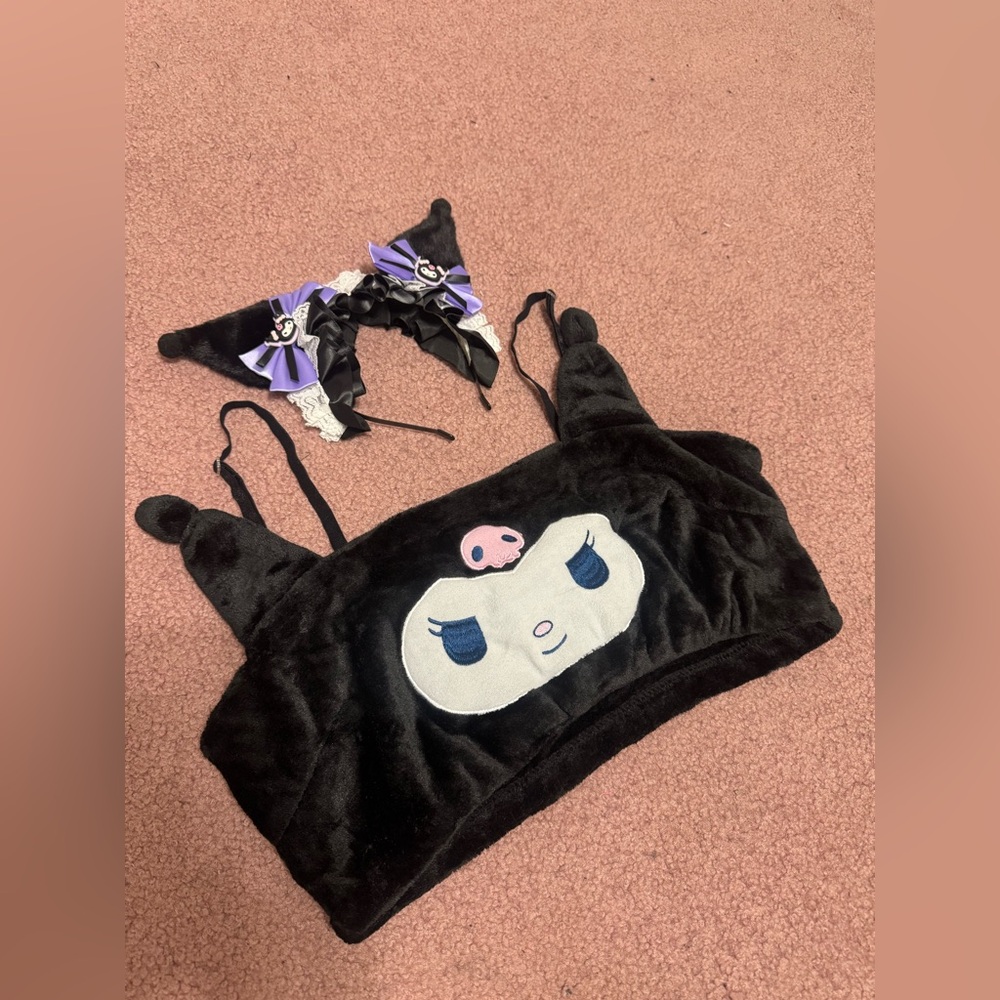New Kuromi xl black crop top headband Lolita grunge emo goth gothic outfit alt
